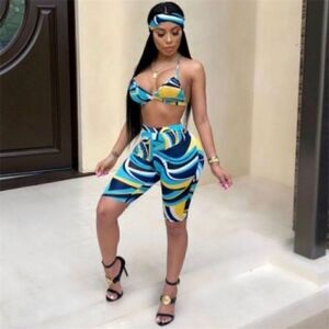 Sexy Blue Printed Bra, Headband, Bodycon Set XL